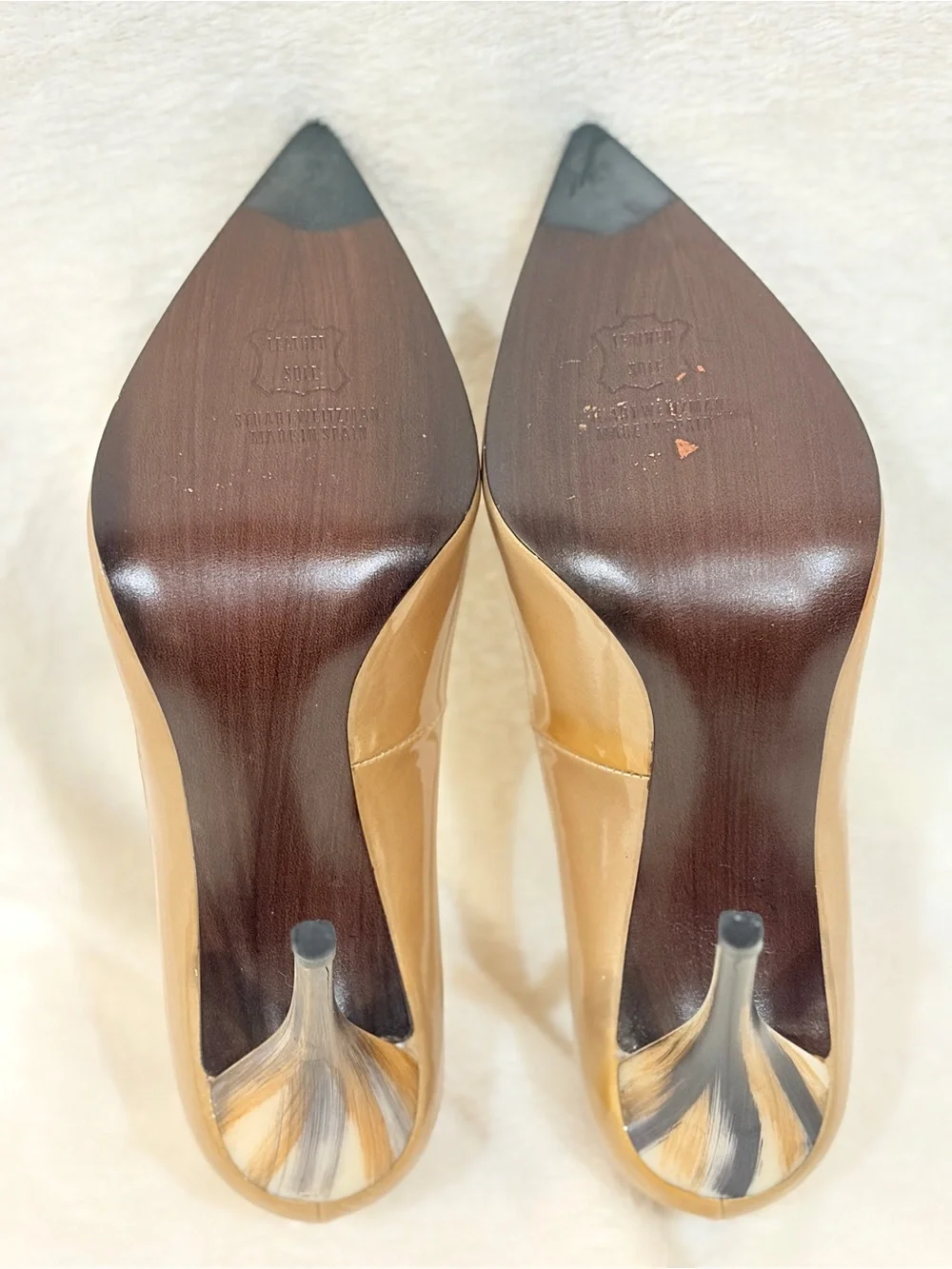 Stuart Weitzman Adobe Gold/Olive Patent Leather Pointed Toe Pumps wTortoise Heel